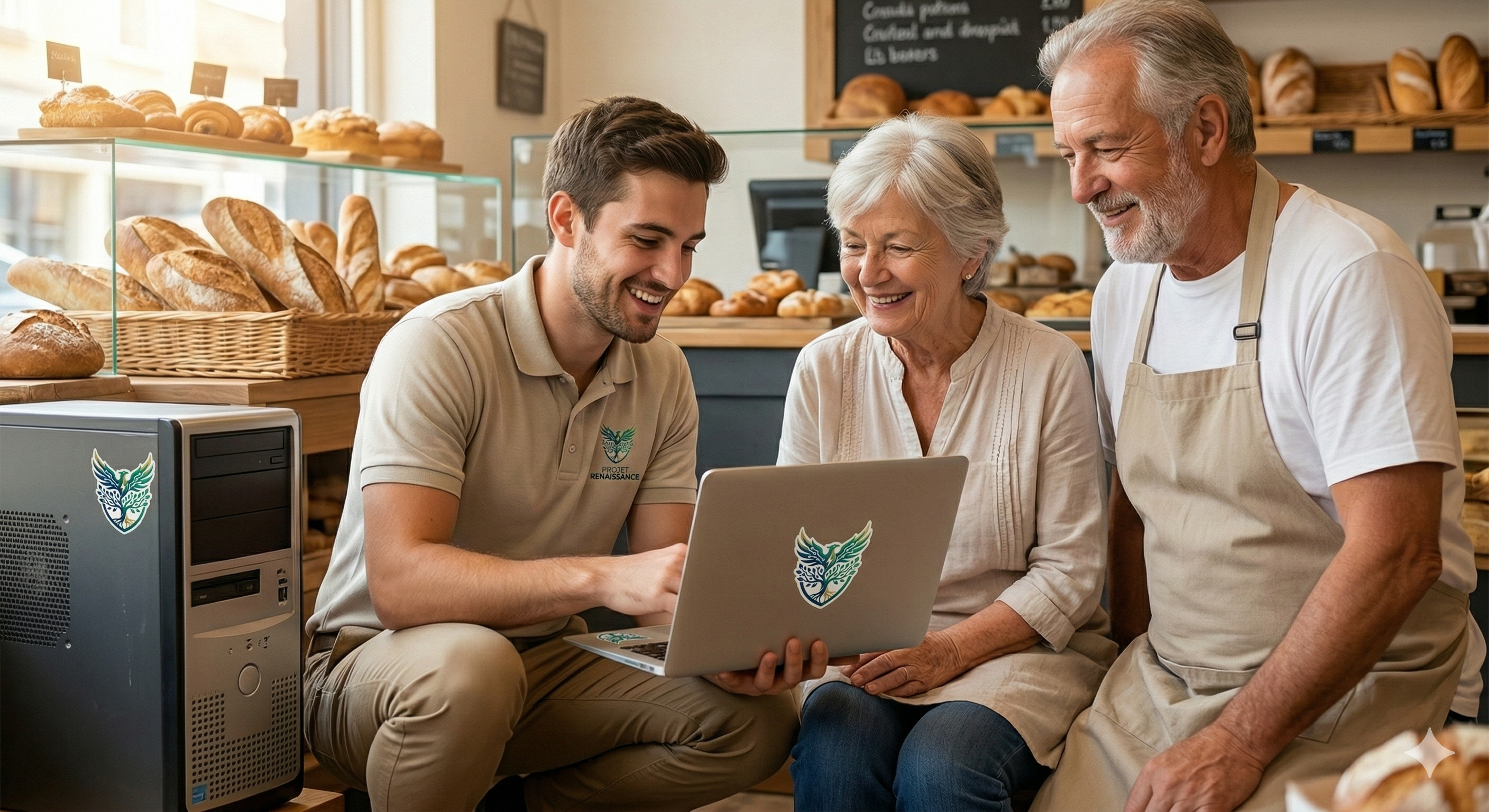 Technicien aidant un client